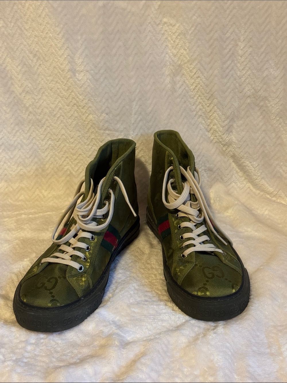 Gucci Olive Green GG High-Top Sneakers with Red-Green Stripe